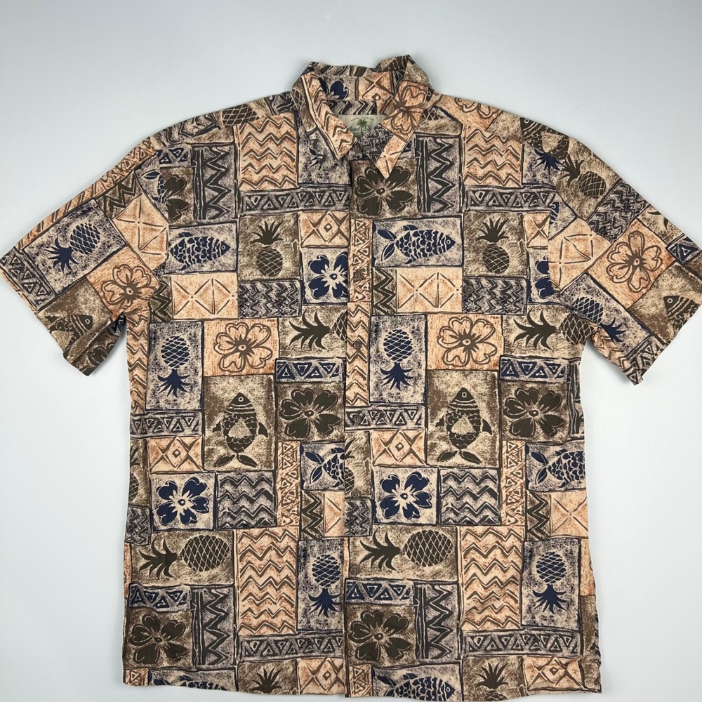 Island Shores Mens Large Tropical Pineapple Fish Batik Cotton Button Up Shirt